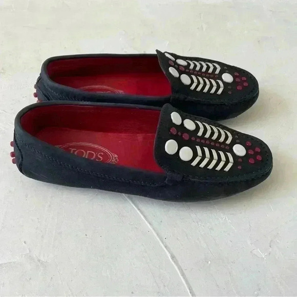 Tod's Gommini Embellished Suede Loafer Dark Navy Red Size 35 - Picture 3 of 12